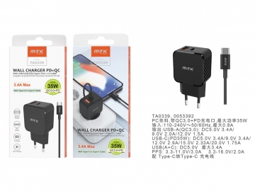 Set incarcator cablu Type-C - Type-C PD 35W + adaptor priza cu USB + QC3.0 3.4A Max 0053392