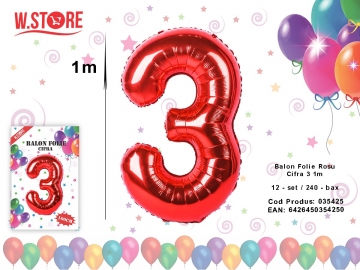 Balon Folie Rosu Cifra 3 1m 035425