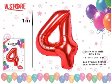 Balon Folie Rosu Cifra 4 1m 035426