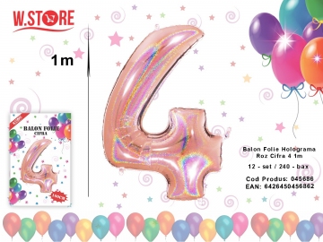 Balon Folie Holograma Roz Cifra 4 1m 045686