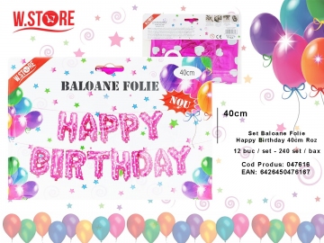 Set Baloane Folie Happy Birthday 40cm Roz 047616