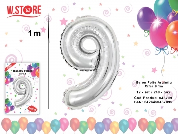 Balon Folie Argintiu Cifra 9 1m 048709