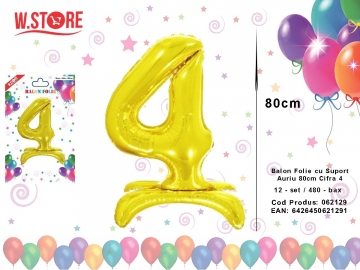 Balon Folie cu Suport Auriu 80cm Cifra 4 062129