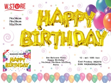 Set Baloane Folie Happy Birthday 74x34cm 79x29cm 52x25cm Auriu 062470