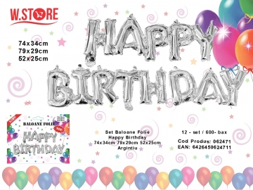 Set Baloane Folie Happy Birthday 74x34cm 79x29cm 52x25cm Argintiu 062471