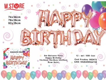 Set Baloane Folie Happy Birthday 74x34cm 79x29cm 52x25cm Rose Gold 062472