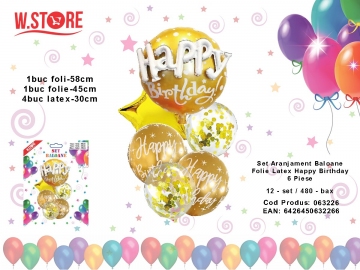 Set Aranjament Baloane Folie Latex Happy Birthday 6 Piese 063226