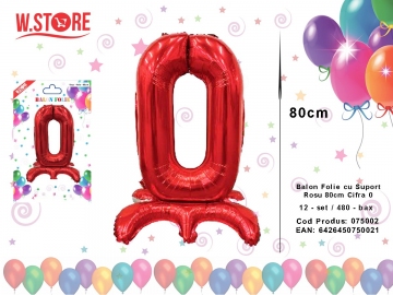 Balon Folie cu Suport Rosu 80cm Cifra 0 075002