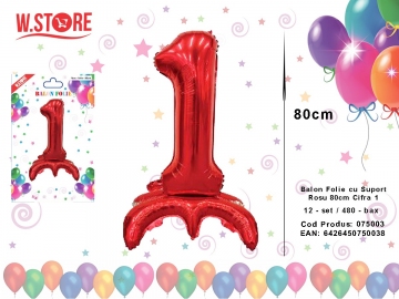 Balon Folie cu Suport Rosu 80cm Cifra 1 075003