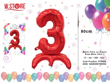 Balon Folie cu Suport Rosu 80cm Cifra 3 075005
