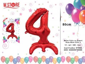 Balon Folie cu Suport Rosu 80cm Cifra 4 075006