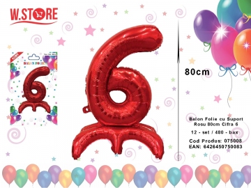 Balon Folie cu Suport Rosu 80cm Cifra 6 075008