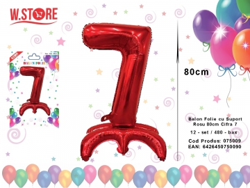 Balon Folie cu Suport Rosu 80cm Cifra 7 075009