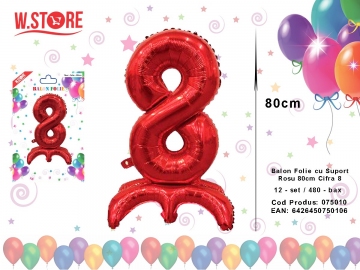 Balon Folie cu Suport Rosu 80cm Cifra 8 075010