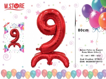 Balon Folie cu Suport Rosu 80cm Cifra 9 075011