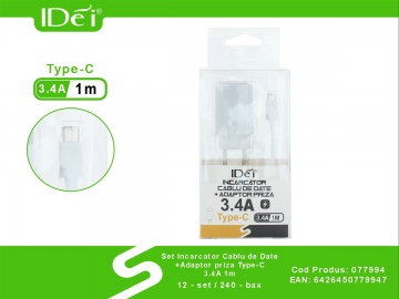 Set Incarcator Cablu de Date +Adaptor Priza Type-C 3.4A 1m 077994