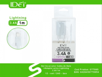 Set Incarcator Cablu de Date +Adaptor Priza Lightning 3.4A 1m 077995