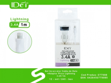 Set Incarcator Cablu de Date +Adaptor Priza Lightning 3.4A 1m 077998