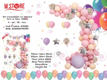Set aranjament roz baloane folie si latex 100buc 079550